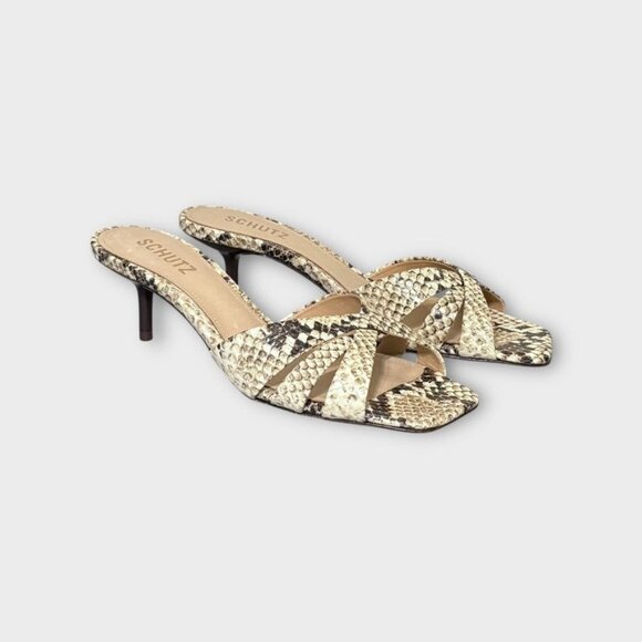 Schutz Keefa Snakeskin Leather Mule Sandals 7.5 Cream Natural NEW - Picture 1 of 9